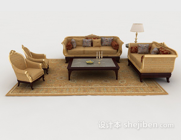 欧式风格欧式黄色木质组合沙发3d模型下载