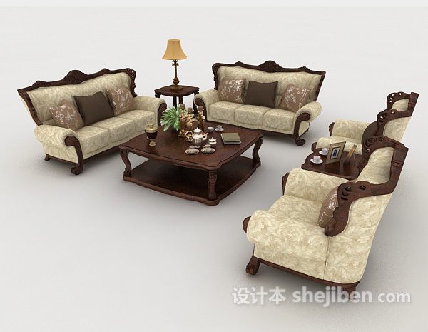 欧式木质棕色组合沙发3d模型下载