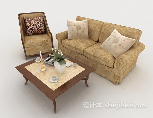 欧式棕黄色组合沙发3d模型下载