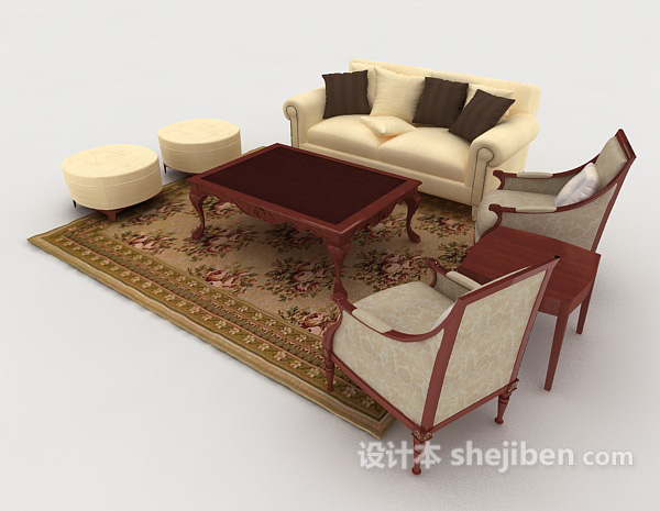 免费欧式木质组合沙发3d模型下载