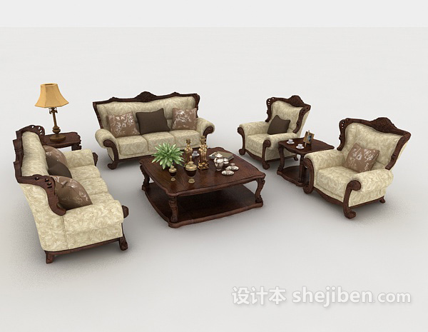 欧式风格欧式木质棕色组合沙发3d模型下载