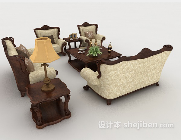 设计本欧式木质棕色组合沙发3d模型下载