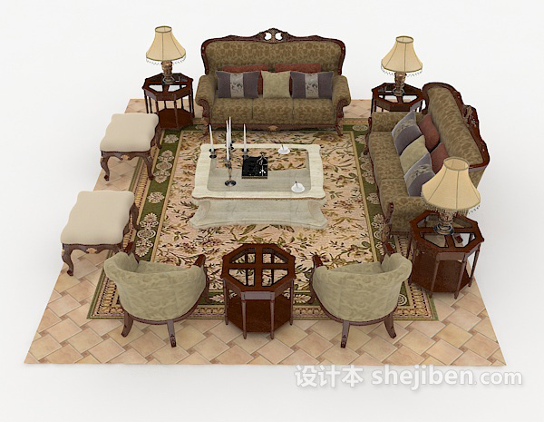 中式风格中式木质复古棕色组合沙发3d模型下载
