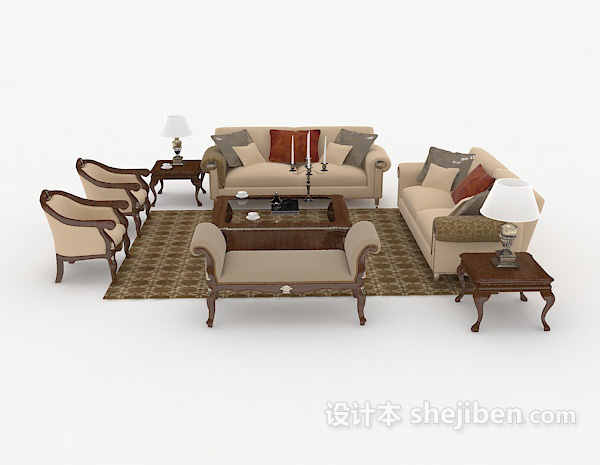 中式风格中式木质棕色组合沙发3d模型下载