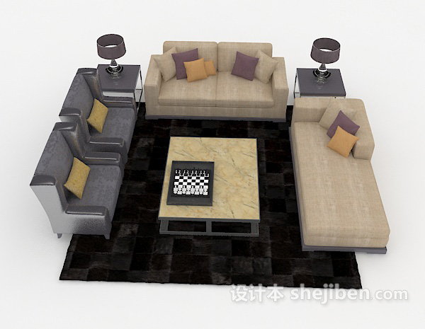 现代风格家居棕色休闲组合沙发3d模型下载