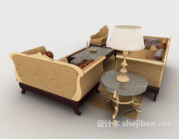 设计本欧式黄色木质组合沙发3d模型下载