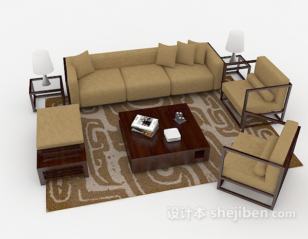现代棕色家居木质组合沙发3d模型下载