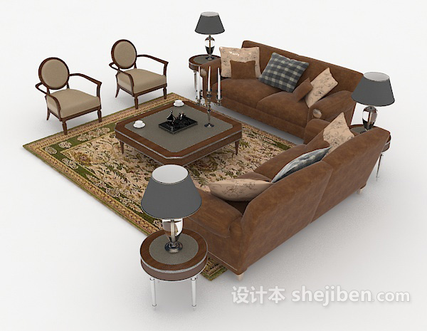 设计本中式复古棕色家居组合沙发3d模型下载