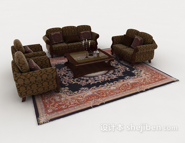 免费中式复古深色组合沙发3d模型下载