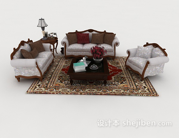 欧式风格欧式家居灰色木质组合沙发3d模型下载