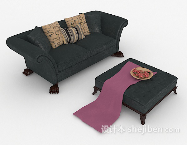 免费新中式深蓝双人沙发3d模型下载
