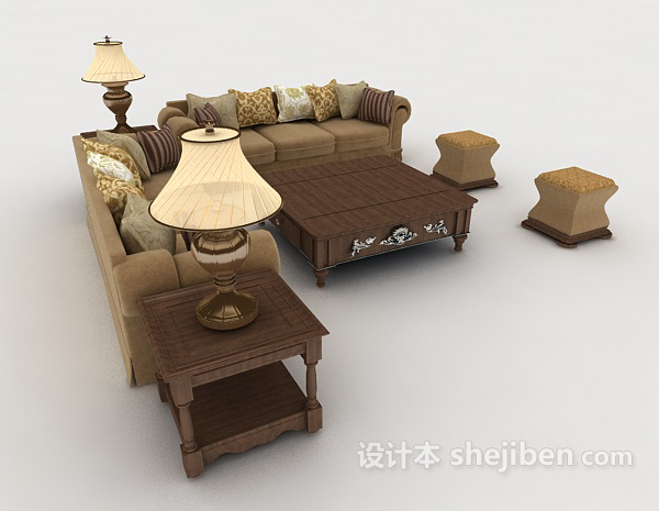 中式风格中式家居棕色组合沙发3d模型下载