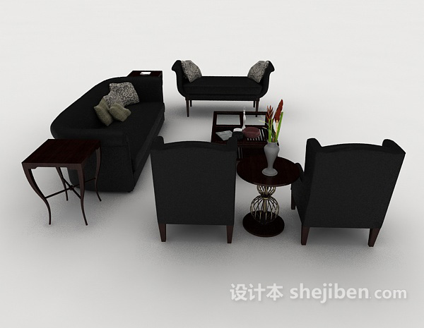 设计本欧式简约黑色木质组合沙发3d模型下载