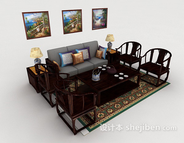 免费新中式简单家居组合沙发3d模型下载