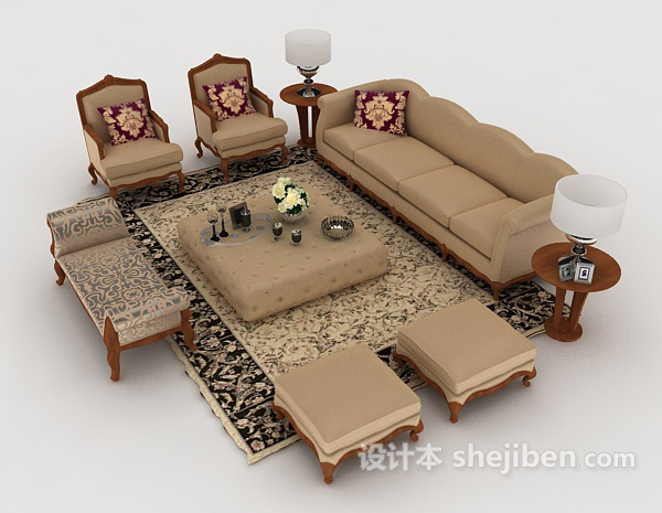 设计本欧式复古木质沙发3d模型下载