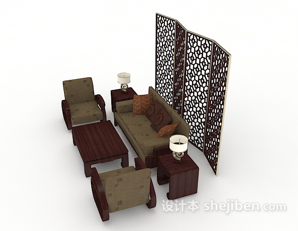 设计本中式木质组合沙发3d模型下载