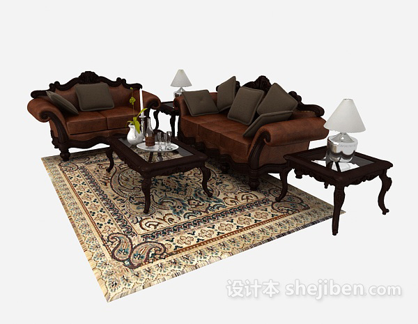 免费中式复古木质棕色组合沙发3d模型下载