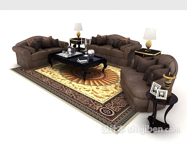 新中式深棕色组合沙发3d模型下载
