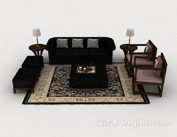 中式风格新中式大气木质组合沙发3d模型下载
