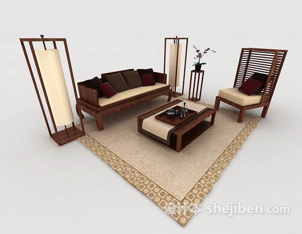 新中式家居木质棕色组合沙发3d模型下载