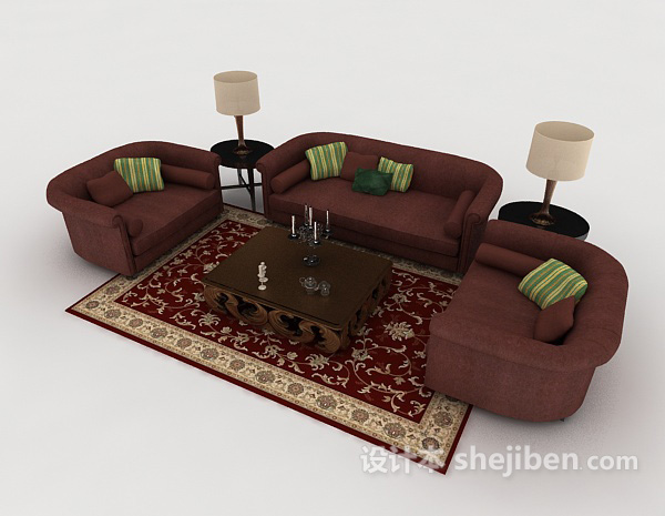 免费新中式暗红色组合沙发3d模型下载