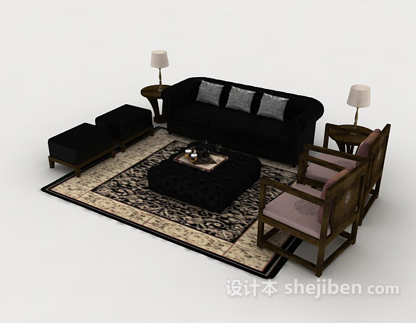 免费新中式大气木质组合沙发3d模型下载