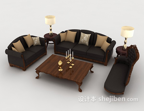 欧式风格欧式家居木质黑色组合沙发3d模型下载
