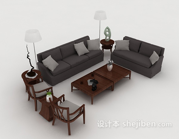 新中式灰色组合沙发3d模型下载