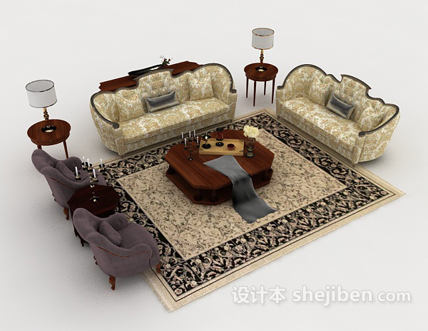欧式家居黄色组合沙发3d模型下载
