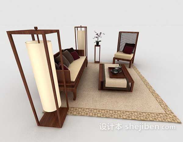 设计本新中式家居木质棕色组合沙发3d模型下载