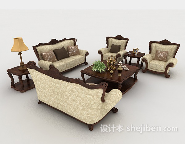 免费欧式木质棕色组合沙发3d模型下载