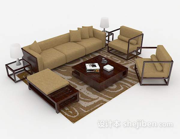 免费现代棕色家居木质组合沙发3d模型下载
