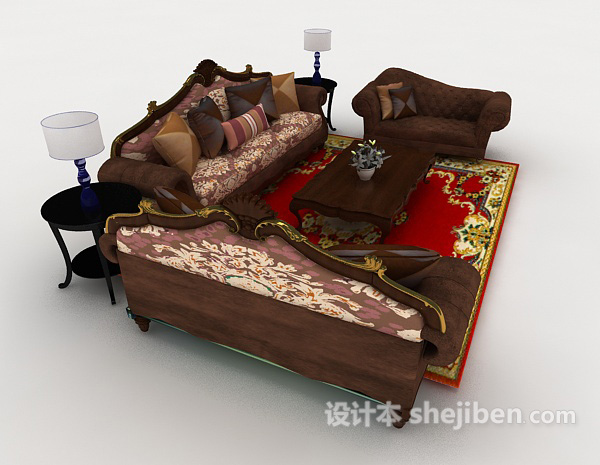 设计本欧式木质复古棕色组合沙发3d模型下载
