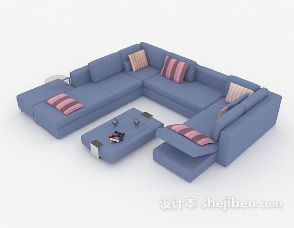 现代简约蓝色多人沙发3d模型下载