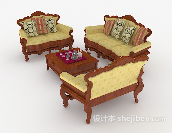 设计本中式黄棕色组合沙发3d模型下载