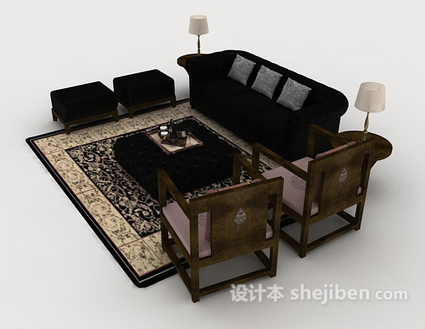 设计本新中式大气木质组合沙发3d模型下载