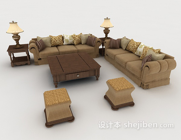 免费中式家居棕色组合沙发3d模型下载