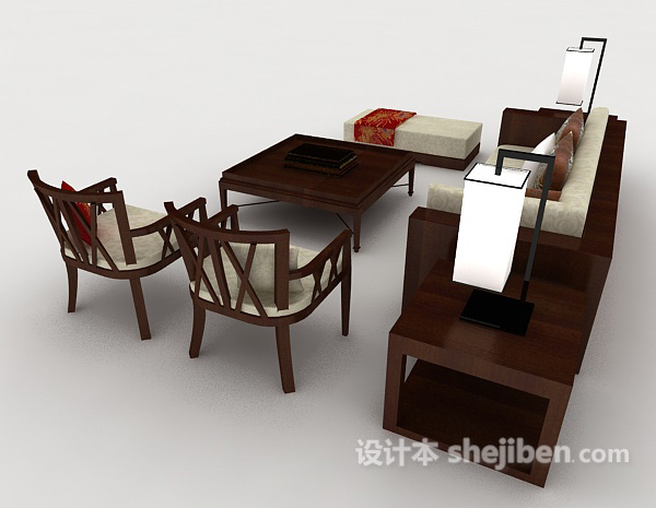 设计本新中式简约家居组合沙发3d模型下载