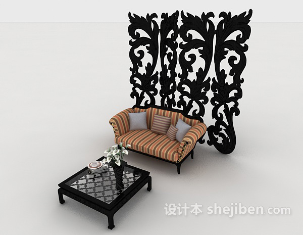 设计本新中式条纹双人沙发3d模型下载