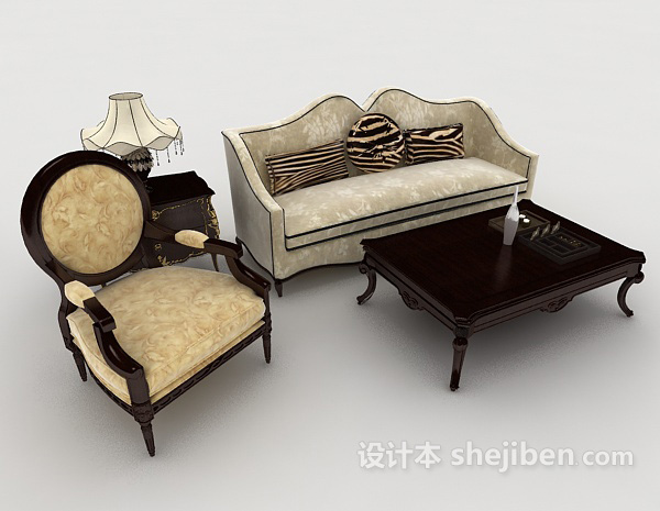 免费欧式家居棕色木质组合沙发3d模型下载
