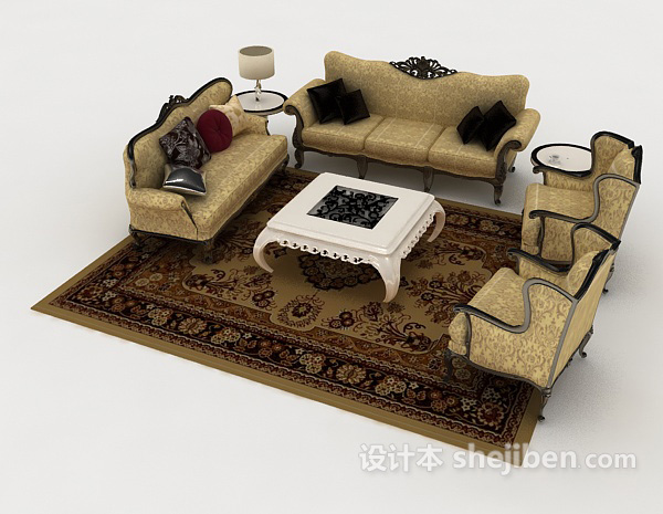 免费欧式棕黄色花纹组合沙发3d模型下载