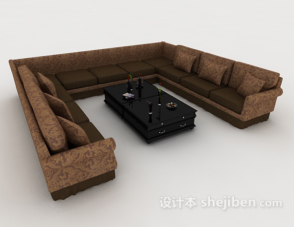 免费家居花纹棕色多人沙发3d模型下载