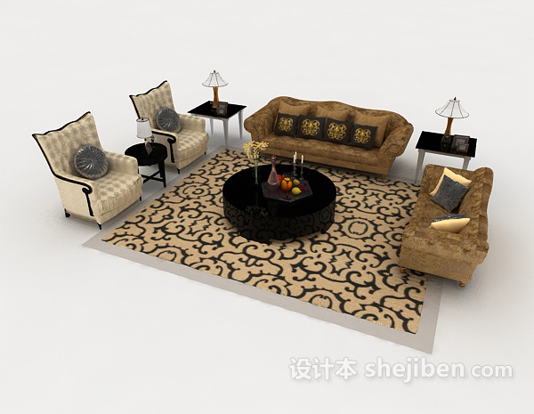欧式风格家居棕黄色复古组合沙发3d模型下载