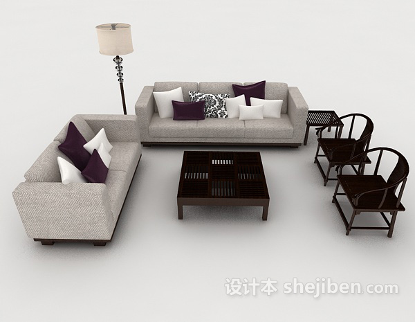 中式风格新中式家居简约灰色组合沙发3d模型下载