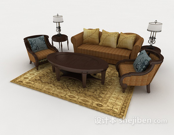 免费休闲家居木质棕色组合沙发3d模型下载