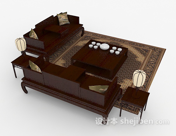 设计本中式复古木质组合沙发3d模型下载