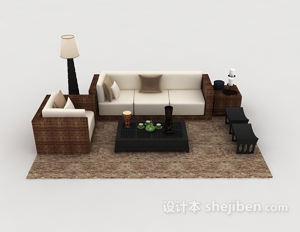 现代风格家居休闲木质组合沙发3d模型下载