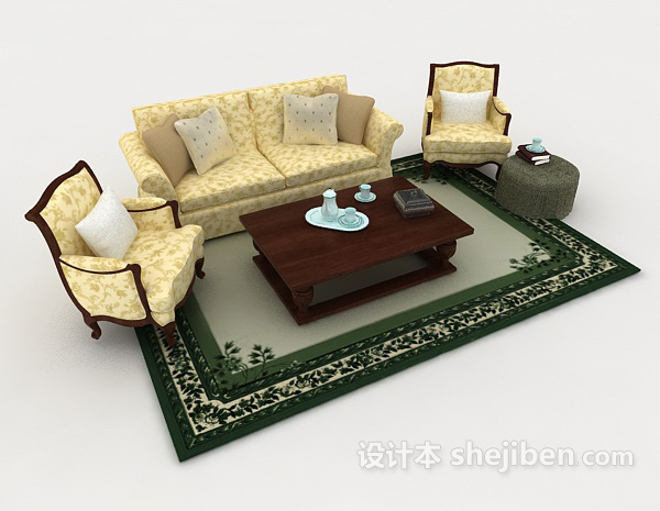 免费复古家居黄色组合沙发3d模型下载