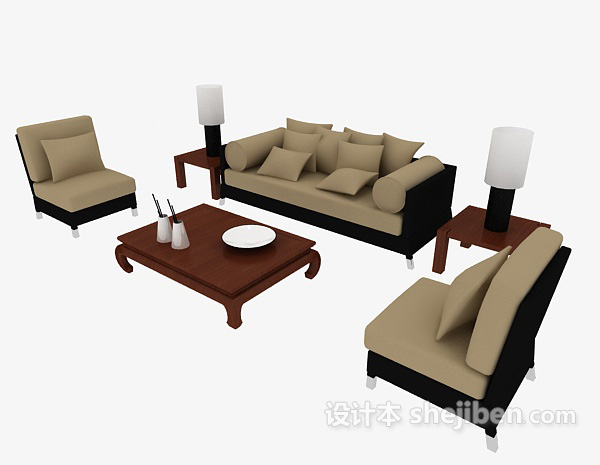 新中式沙发茶几组合3d模型下载