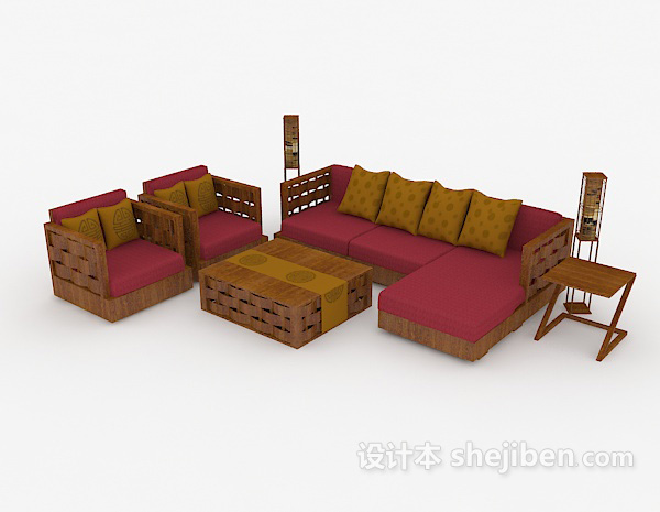 家居木质休闲枚红色组合沙发3d模型下载
